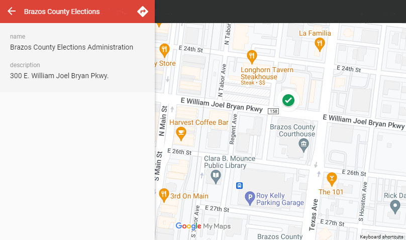 location map of Brazos County Elections Administration office - 300 E. William Joel Bryan Parkway, Bryan, Texas